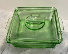 Vint Hazel Atlas Uranium Green Glass Covered Refrigerator Dish Glows 5