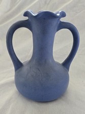 Vintage Niloak Pottery Matte Blue Double Handle Vase Scalloped Rim Arkansas picture