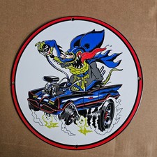 VINTAGE RAT FINK RED LOGO OLD US GASOLINE OIL GAS PUMP ENAMEL PORCELAIN SIGN picture
