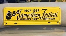 Vintage 1957' Jamestown Festival Americas 350th BDay Metal License Plate Topper. picture