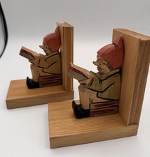Vintage German Carved Wood Gnome Bookend Mid Century Folk Art Dwarf 1950s Pair picture