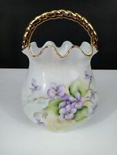 Pillow Vase Hand Painted Ceramic Violets Flowers Artist Signed 1961 picture
