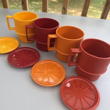 VINTAGE SET OF 4 TUPPERWARE 1312 STACKABLE MUGS CUPS & LIDS 1313 HARVEST FALL picture