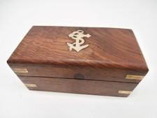 Vintage Wooden Trinket Box Inlaid Brass Nautical Anchor Hinged Lid 4