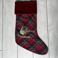 Pottery Barn Embellished Jeweled Bird Plaid Christmas Stocking Holiday Decor picture