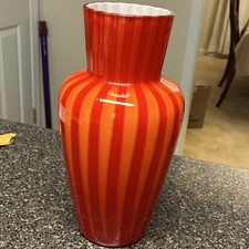 Fenton 1962   Orange & Red Striped Art Glass Vase w/ White Rim, Glossy Finish picture