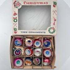 12 Vintage Fantasia Glass Poland Ornaments, Indent Teardrop & Round Box 2” picture