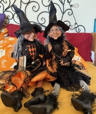 HALLOWEEN WITCH DOLLS BROOMSTICK Book SHELF SITTER SITTING Black And Orange picture