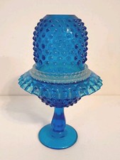 Fenton Colonial Blue Hobnail 3 Piece Pedestal Footed Fairy Lamp 8.25
