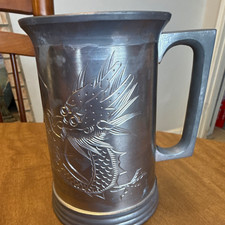 Vintage Pewter Beer Mug Tankard, Engraved Fish Design with Dragon Motif picture