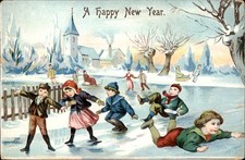 New Year's Children Ice Skating Winter Scene c1900s-10s Vintage Postcard picture