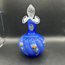 Vintage Fenton Glass PERFUME BOTTLE Cobalt Blue Overlay Hand Painted Signed 6” picture