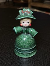 RARE Vintage 50s MCM Lefton Christmas Kitsch Holiday Green Bell Holly Girl Japan picture