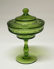 Vintage Green Pedestal Candy Dish with Lid and Etched Florals Mid Century picture