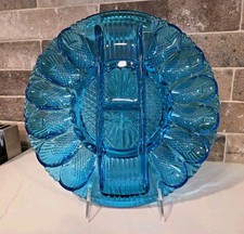 Vintage L.E. Smith Glass Heritage Deviled Egg &Relish Platter Cerulean Aqua Blue picture