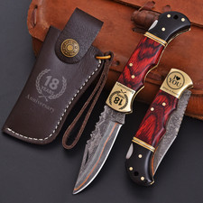 Handmade Engraved Damascus Steel Folding Pocket Knife with Leather Sheath Box picture
