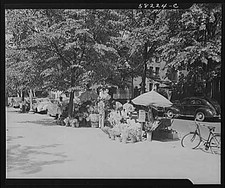 Photo:Street Market with Umbrella Bicycle and Cars 1900s picture