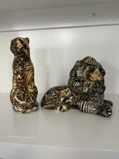Vintage La Vie Safari glazed patchwork sitting lion and cheetah figurines picture