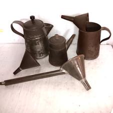 VTG Early Toleware Tinware Kitchen Lot of five Wooden Handle Coffee Pot Funnel picture