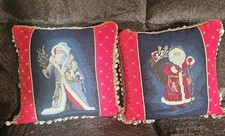 2  Needlepoint Christmas Pillows Santa Claus Red BlueGold Fleurs Tassels Vtge picture