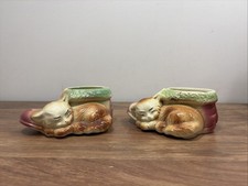 Vintage Planter Cat Kitten Sleeping by Shoe Ceramic Set Of 2 Vintage  picture