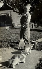 Vtg 1933 Americana Photo Farm Boy With Broom Kittens Chicken Barn Farm Life picture
