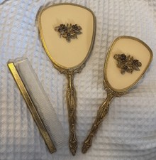 Vintage Gold Tone Vanity Set 3pc Rose Mirror Brush Comb Hollywood Regency picture