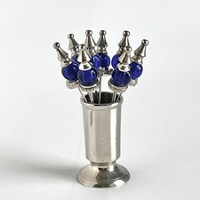 Cocktail Picks Set 8 Cobalt Blue Glass Chrome Holder MCM Barware Vintage picture