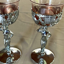 Pr Vintage Art Deco  cocktail glasses chrome nude stem, serpents, colored glass picture