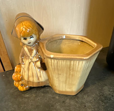 Vintage Ceramic Glazed Girl Planter for Plants 5 in Beige Brown Orange Shawnee picture
