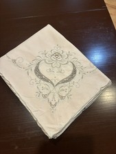 Vintage Genuine Madeira hand Embroidered Linen Banquet Tablecloth 96x64 In picture