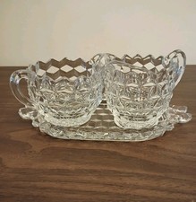 Vtg American Fostoria Clear Pressed Glass Creamer-Open Sugar Bowl & Tray Set picture