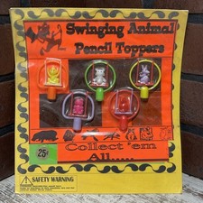 Vending Machine Swinging Animal Pencil Toppers On Display Card SEALED Vintage picture