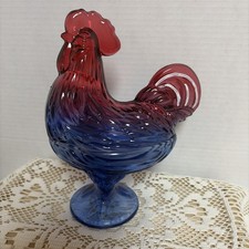 Red White & Blue Patriotic Glass Rooster/Hen on a Nest 2 Pc USA 250 Anniv. picture