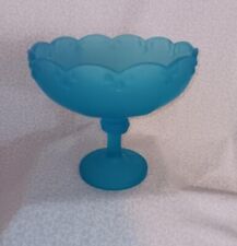 Vintage Indiana Glass Frosted Blue Scalloped Edge Pedestal Compote Fruit Bowl picture