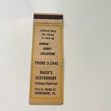 Mack's Restaurant Home of Good Food Harrisburg Vintage Matchbook Cover TMB83-3 picture
