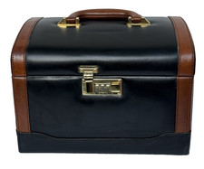 Vintage Black Leather Train Case Jewelry Box Valet Chest Trunk Brown Trim 12