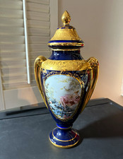 VINTAGE 1990’s Limoges France Blue Gold White Porcelain Lidded Urn w/ Handles picture