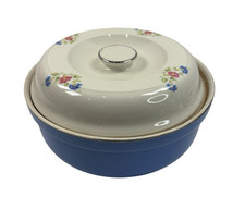 VINTAGE Hall's Cottage Blue Pink Floral Casserole Dish & Lid Silver Trim U.S.A. picture