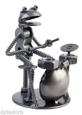 Frog Drummer Hand Crafted Recycled Metal  Rock Band Art Sculpture Figurine   picture
