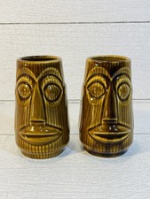 Vtg Pair Bug Eyed Moai Tiki Mug Brown  4” Tall Small Shot Mugs Royal Garden picture