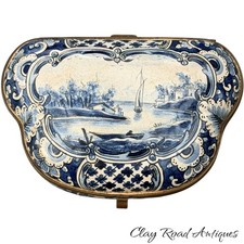 Antique Delft Blue & White porcelain 19th provenance Box Brass Hand Painted picture