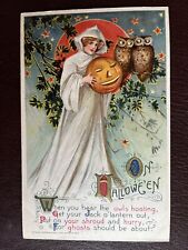 Schmucker Winsch Victorian Witch On Halloween Postcard, Antique, JOL, Owls, 1911 picture