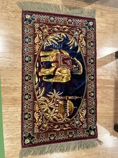 Velvet Prayer Rug Cotton on back Red Blue Gold Fringe 25 x 48 Vintage - Used  picture