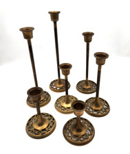 Vintage Skinny Brass Candlesticks Matched Set Of 7 Original Patina picture