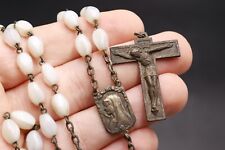 19th Rosary Antique White Pearl Necklace Sacred Heart Religion Crucifix picture