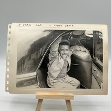 Vintage 1953 Black White Photograph Boy in Classic Car Americana Snapshot 0170 picture