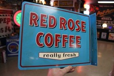 RARE 1950s RED ROSE COFFEE  PAINTED METAL 2-SIDED FLANGE SIGN KITCHEN CAFE DINER picture