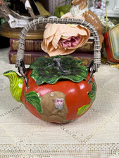 Antique Japanese Banko Ware 3 Wise Monkeys Tomato Teapot Rattan Handle picture