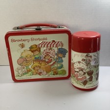 1981 Strawberry Shortcake Metal Lunchbox Lunch Thermos Red Thermos Lattice picture
